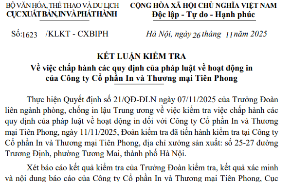 Kết luận kiểm tra về việc chấp hành các quy định của pháp luật về hoạt động in của Công ty Cổ phần In và Thương mại Tiên Phong