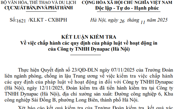 Kết luận kiểm tra về việc chấp hành các quy định của pháp luật về hoạt động in của Công ty TNHH Dynapac (Hà Nội)
