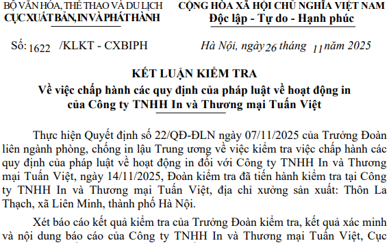 Kết luận kiểm tra về việc chấp hành các quy định của pháp luật về hoạt động in của Công ty TNHH In và Thương mại Tuấn Việt