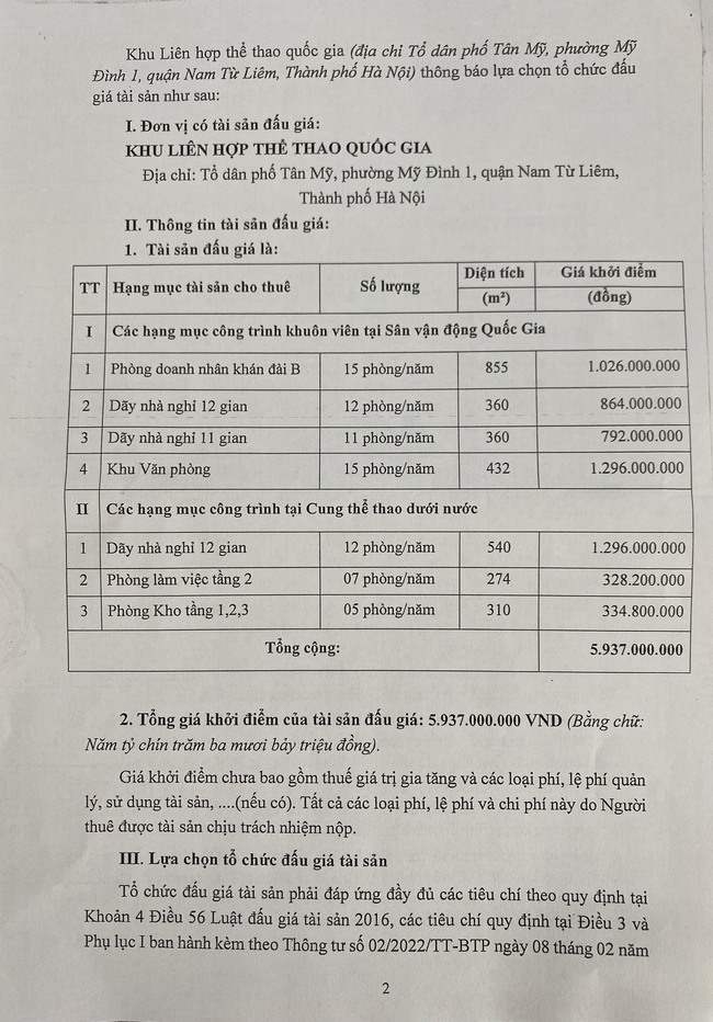 Khu Liên hợp thể thao quốc gia thông báo lựa chọn tổ chức đấu giá tài sản - Ảnh 2.