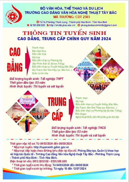 Trường Cao đẳng Văn hóa Nghệ thuật Tây Bắc thông báo tuyển sinh trình độ trung cấp, cao đẳng chính quy năm 2024 - Ảnh 1.