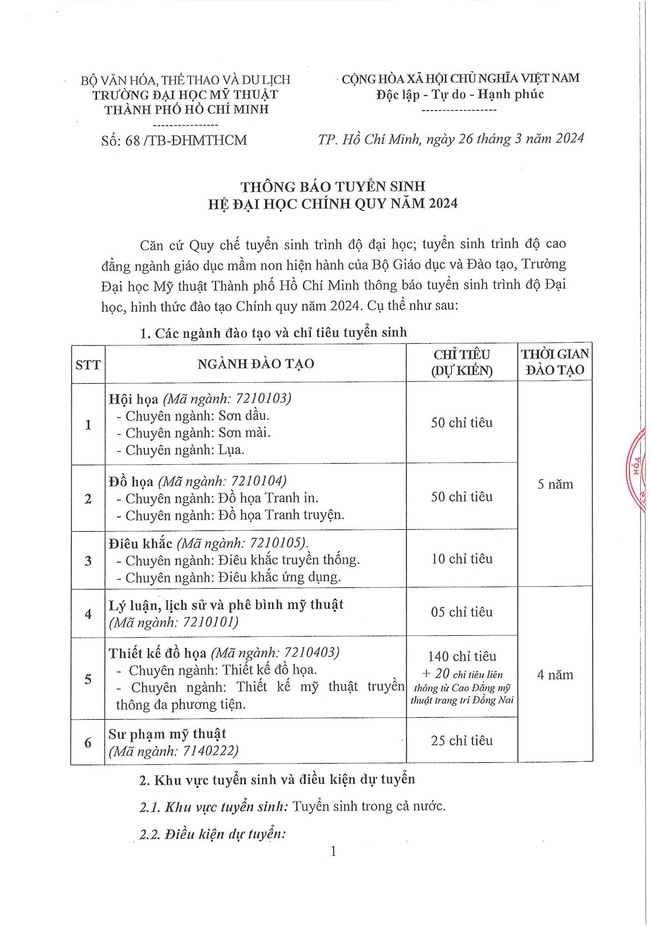Trường Đại học Mỹ thuật Thành phố Hồ Chí Minh thông báo tuyển sinh hệ Đại học Chính quy năm 2024 - Ảnh 2.