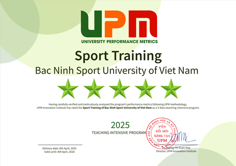 Ngành huấn luyện thể thao Trường Đại học Thể dục thể thao Bắc Ninh đạt chuẩn chương trình đào tạo chuyên sâu 5 sao theo xếp hạng đối sánh UPM - Ảnh 1.